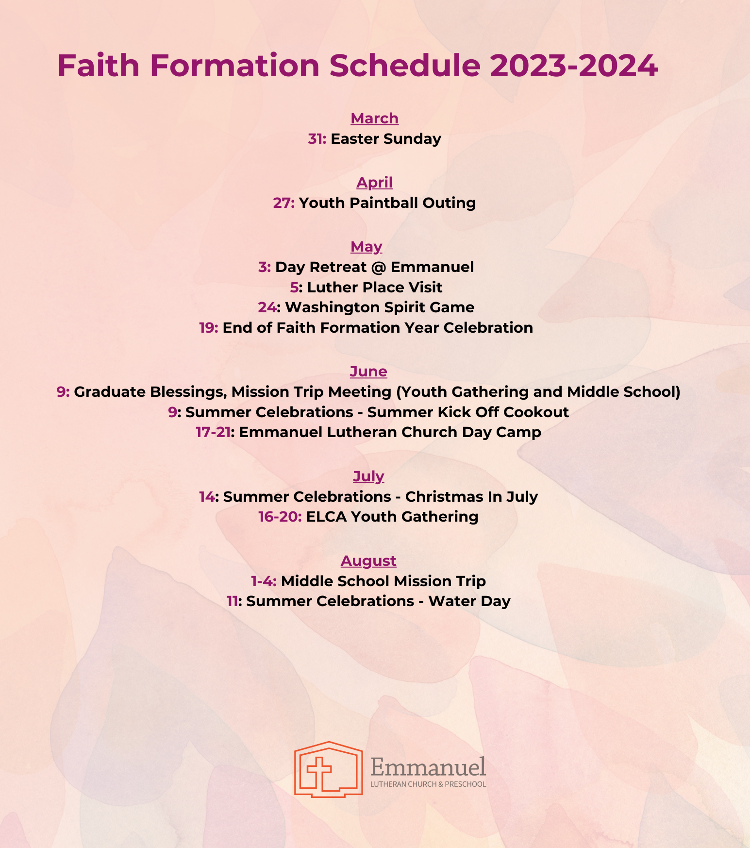 Faith Formation Schedule 2023-2024 (WinterSpring)